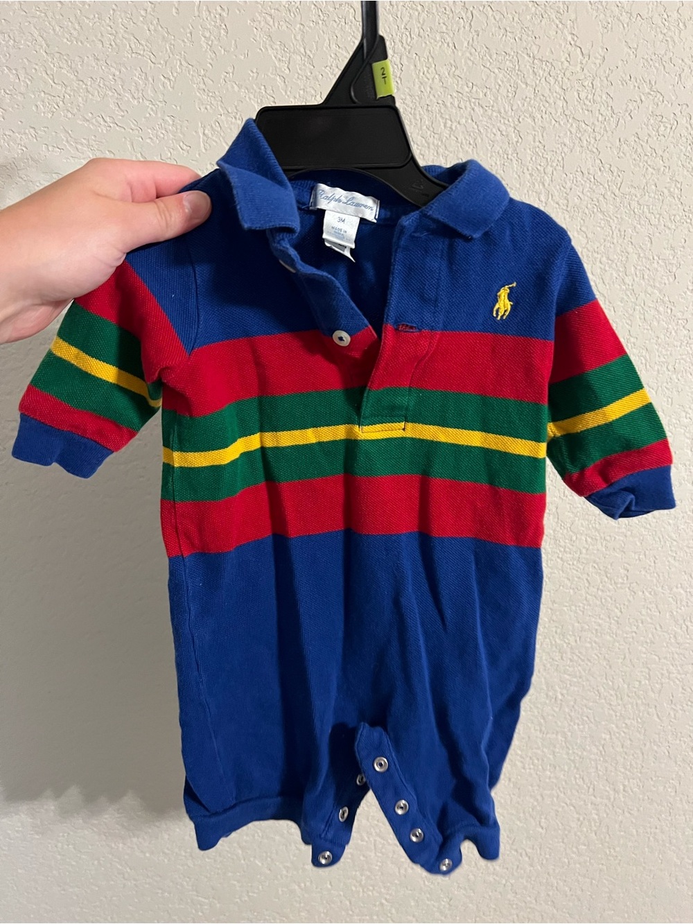 Ralph Lauren Blue Red Green Yellow Striped Polo Romper